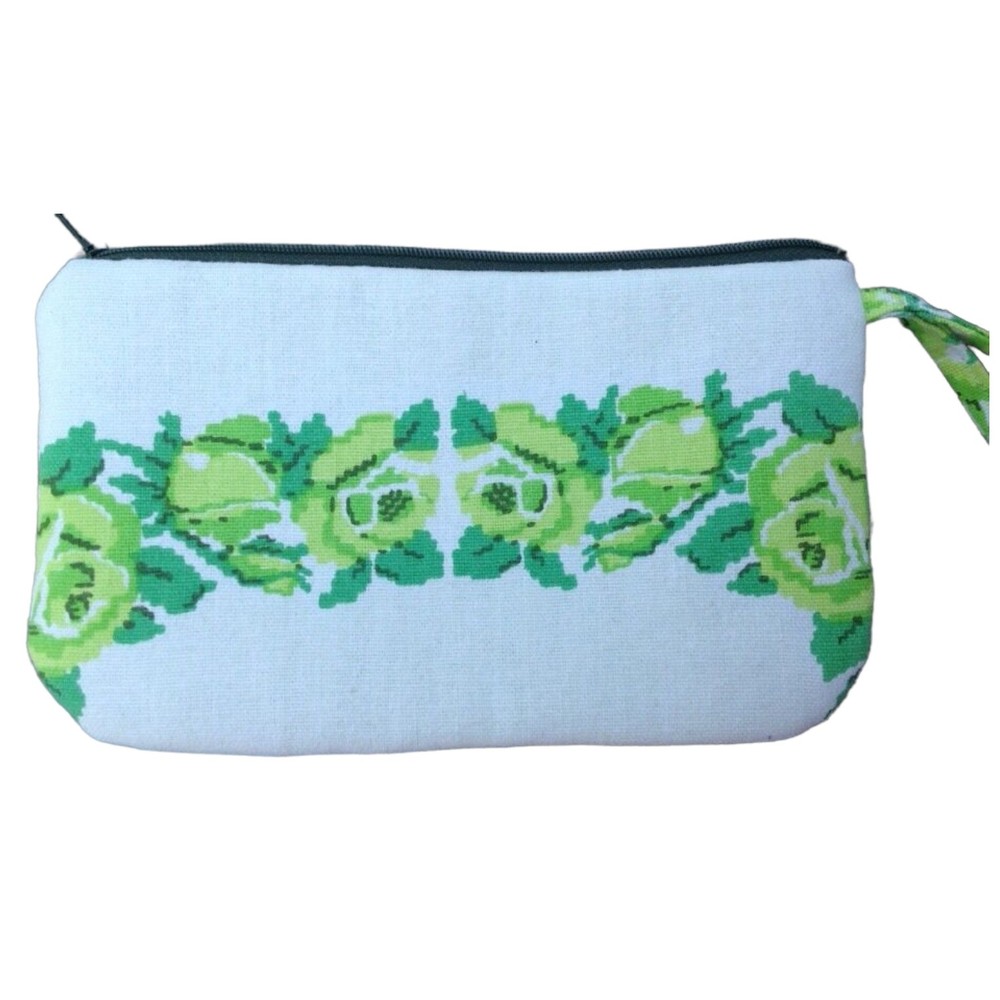 Vintage Fabric Handmade Wristlet Clutch Floral Green Make up Travel Case Bag - Picture 8 of 10